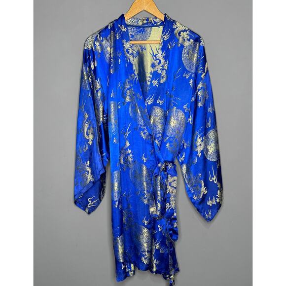 VTG Royal Blue Dragon Robe/Kimono Gold Embroidery One Size - Picture 2 of 3